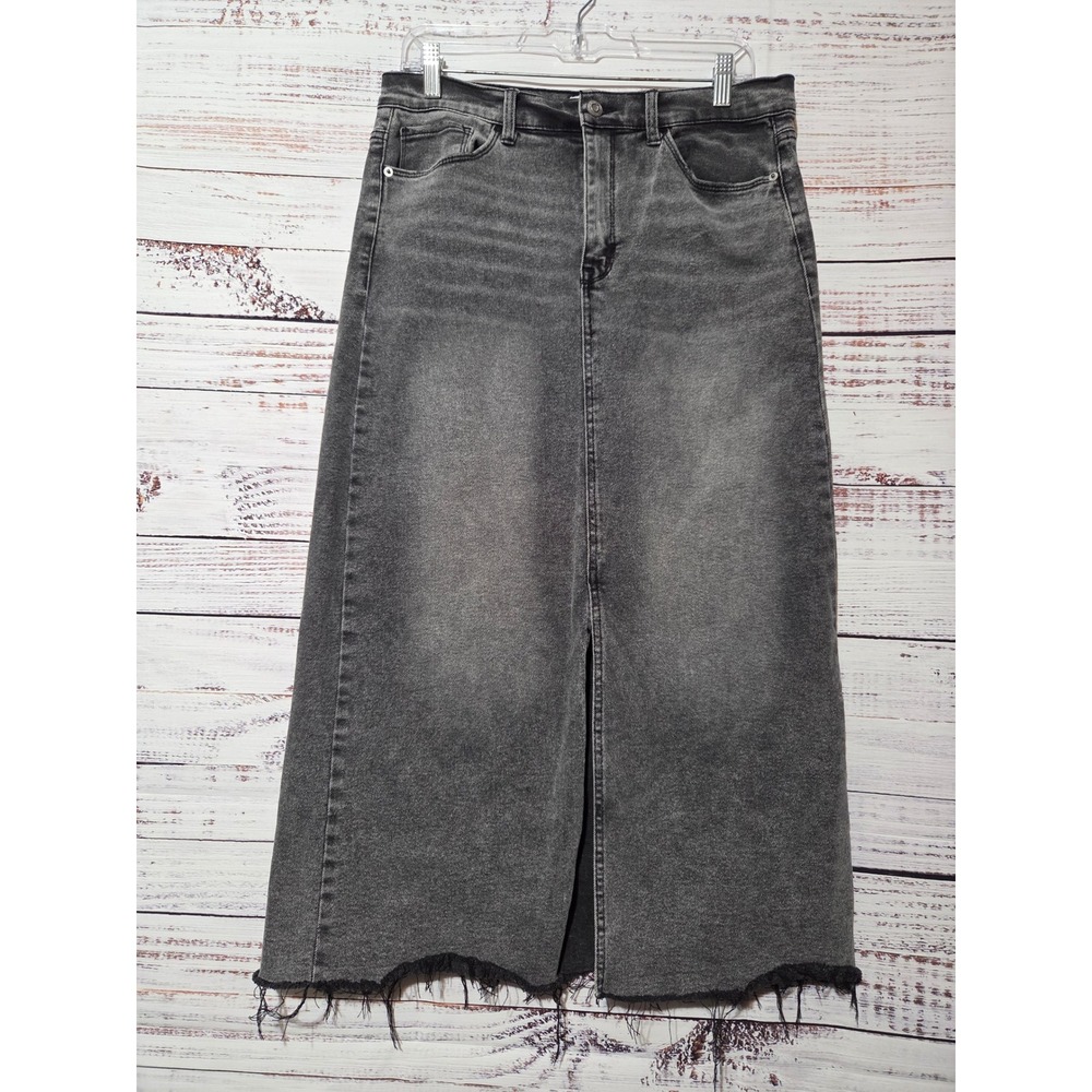 Kensie Jeans Vintage Luxe High Rise Denim Skirt Black Frayed Hem Slit Size 8 29